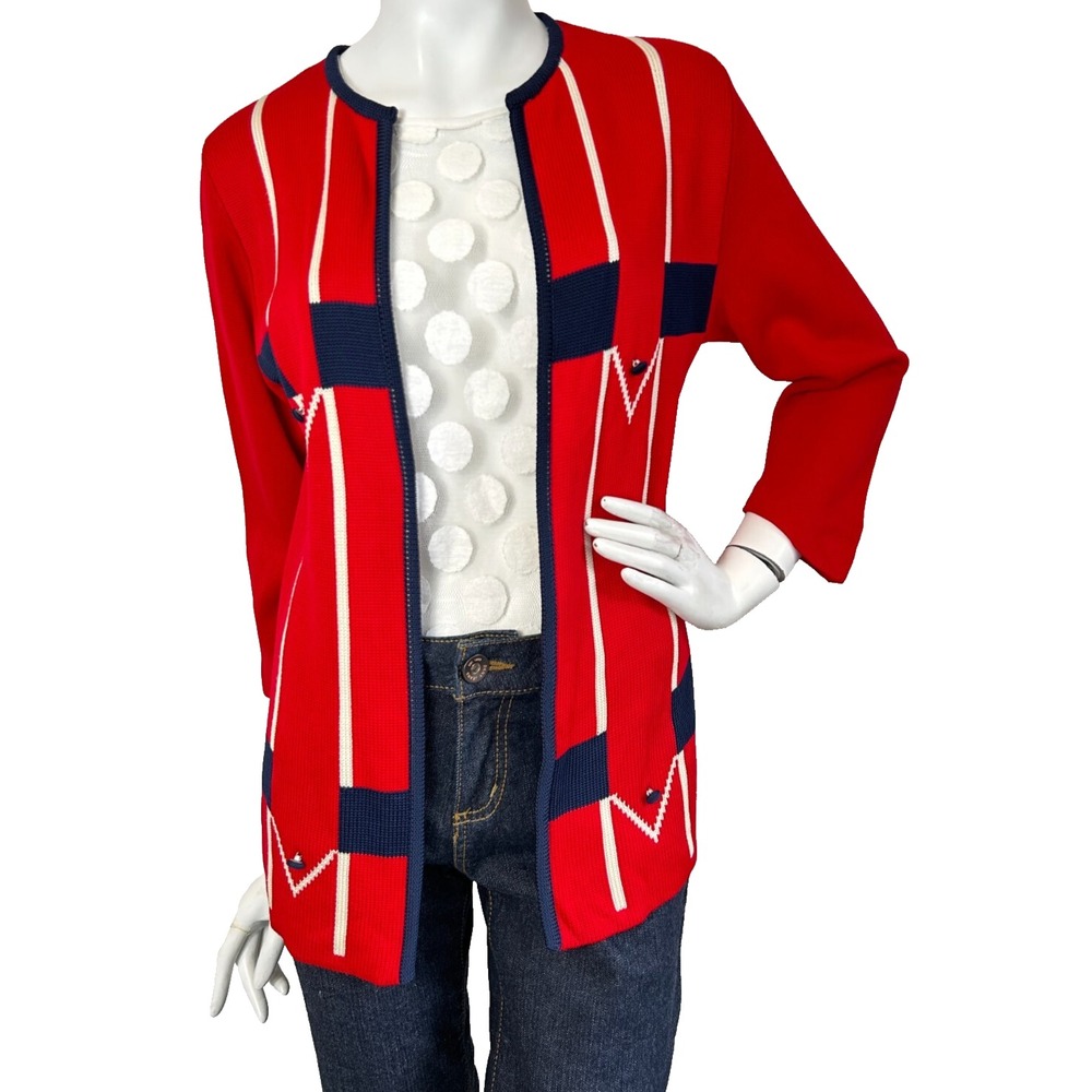 Vintage 1960s Double Knit Mod Cardigan Sweater Open Front ILGWU Red Size Medium - Picture 2 of 8